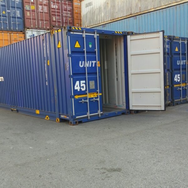 Contentor marítimo High Cube usado, com uma largura de palete de 45 pés.